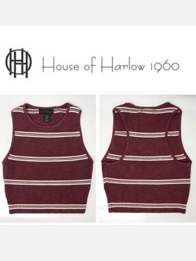House of Harlow 1960 Burgundy & White Striped Rib Knit Racerback Crop Top Sz S